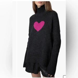 NWT Zadig & Voltaire Alma Intarsia Jacquard Heart Sweater Ardoise S